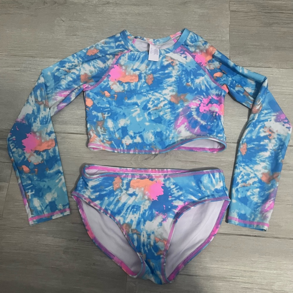 Kids Swim Tie-Dye Rash Guard Set - Blue and Pink